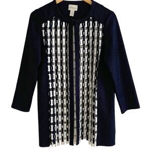 Chico's Womens Sz S Black White Basket Weave Open Front Longer Jacket